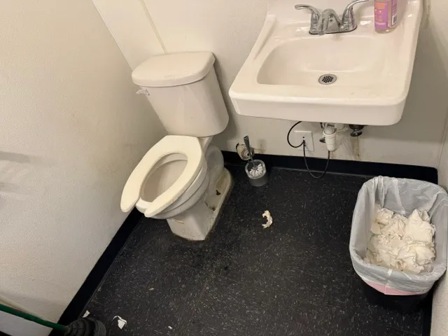 Before cleaning: Dirty bathroom sink and toilet with visible stains